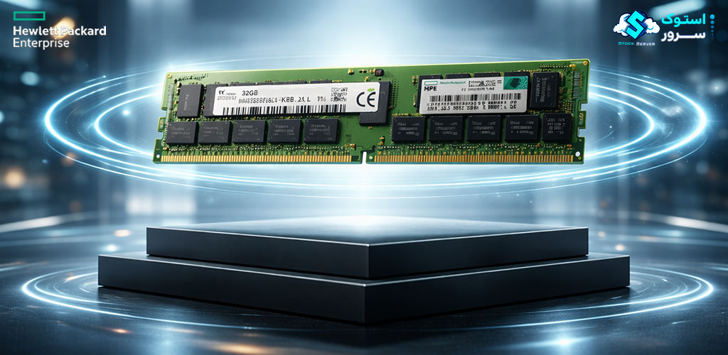 نمای نزدیک رم سرور HPE 32GB DDR4-2666 RDIMM 2Rx4 CAS-19 همراه با نمایش برچسب و مشخصات فنی حافظه سروری