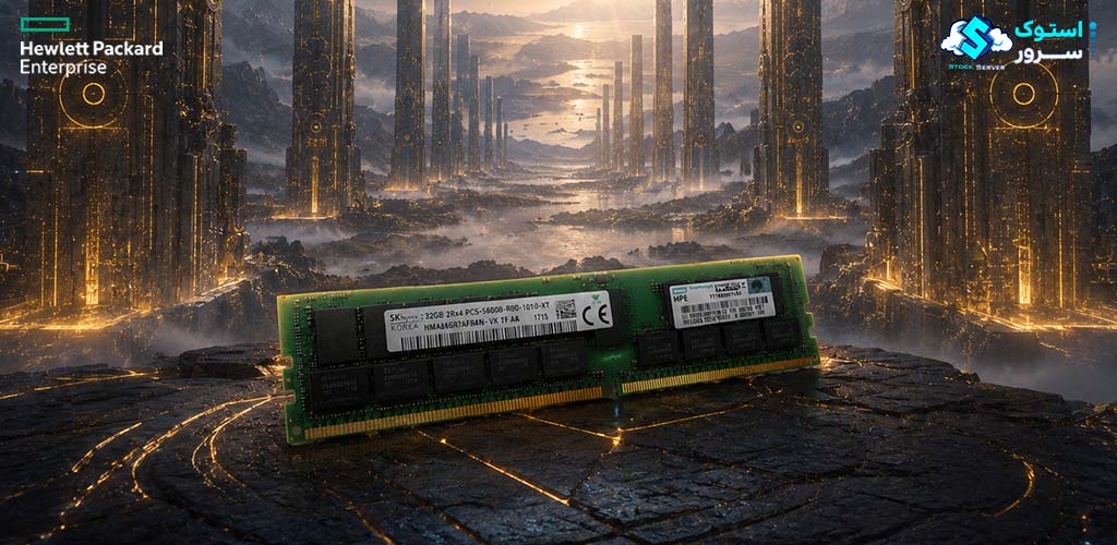 نمای گرافیکی از حافظه سروری HPE 128GB DDR5-5600 RDIMM 2Rx4 CAS-46 با افکتهای دیجیتال و پسزمینه دیتاسنتری