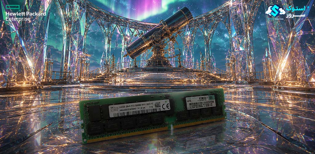 تصویر تزئینی از رم سرور HPE 128GB PC5-5600 DDR5-5600 RDIMM (P64709-B21) با طراحی مدرن و نمایش ماژول حافظه سروری DDR5