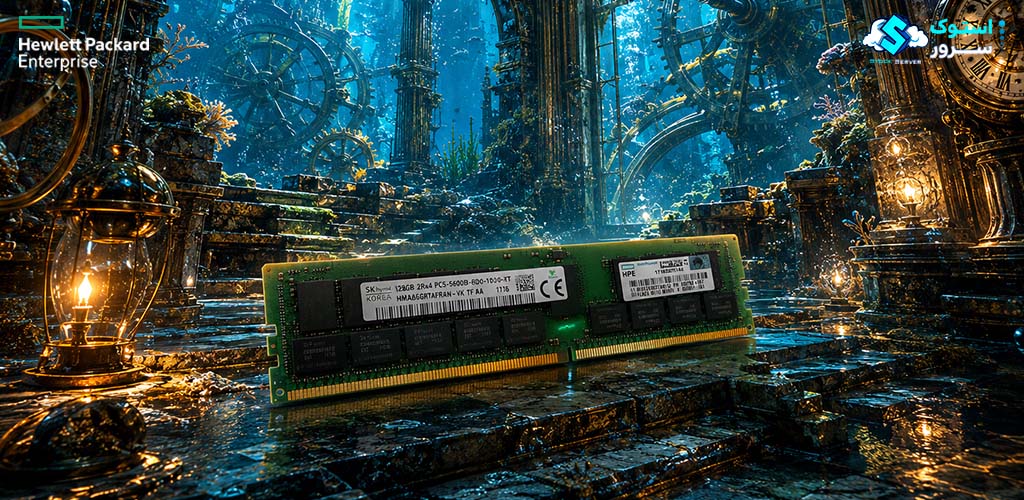 تصویر تزئینی از رم سرور HPE 128GB PC5-5600 RDIMM 2Rx4 CAS-46 با طراحی مدرن و نمایش ماژول حافظه سروری DDR5