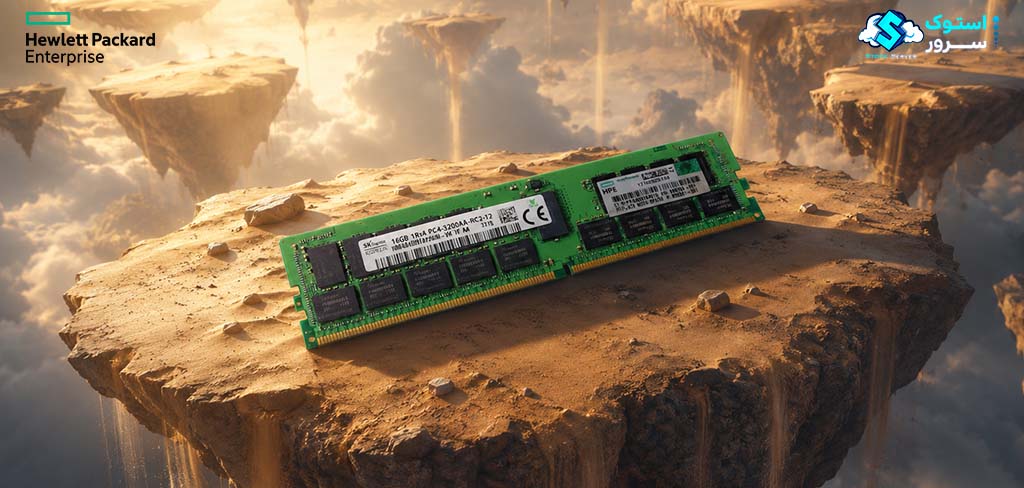 تصویر تزئینی از رم سرور HPE 16GB PC4-3200 DDR4-3200 RDIMM 1Rx4 CAS-22 با طراحی مدرن و نمایش گرافیکی ماژول حافظه سروری