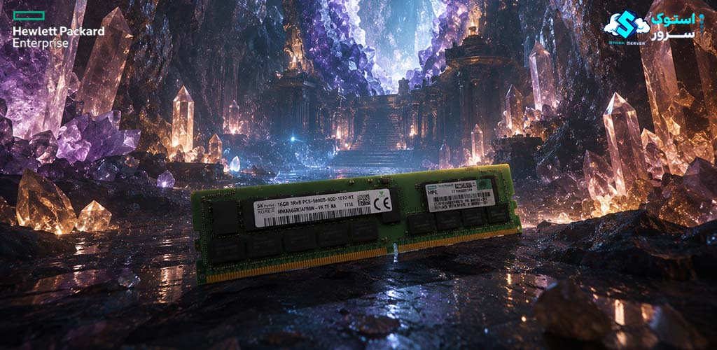 تصویر تزئینی از رم سرور HPE 16GB PC5-5600 DDR5-5600 RDIMM (P64705-B21) با طراحی مدرن و نمایش ماژول حافظه سروری DDR5
