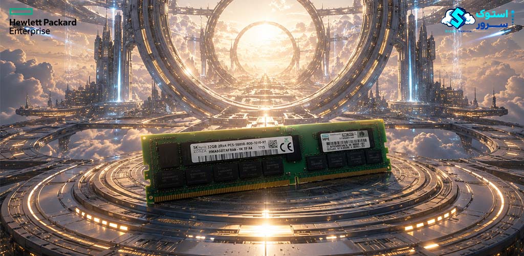 نمای گرافیکی از حافظه سروری HPE 256GB DDR5-5600 RDIMM با افکتهای دیجیتال و پسزمینه دیتاسنتری