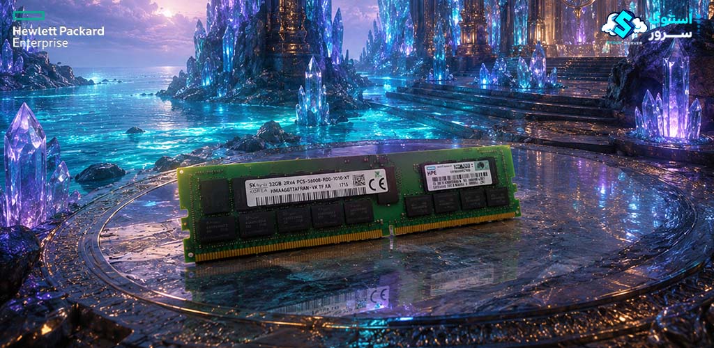 تصویر تزئینی از رم سرور HPE 256GB PC5-5600 DDR5-5600 RDIMM (P64710-B21) با طراحی مدرن و نمایش ماژول حافظه سروری DDR5