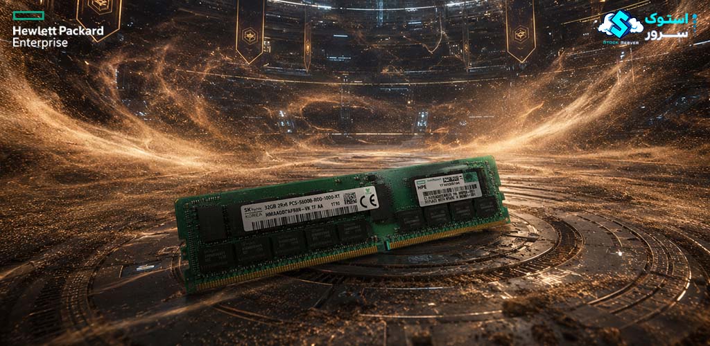 تصویر تزئینی از رم سرور HPE 32GB PC5-5600 DDR5-5600 RDIMM (P64706-B21) با طراحی مدرن و نمایش ماژول حافظه سروری DDR5
