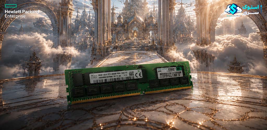 تصویر تزئینی از رم سرور HPE 96GB PC5-5600 DDR5-5600 RDIMM (P64708-B21) با طراحی مدرن و نمایش ماژول حافظه سروری DDR5