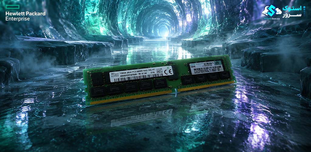 تصویر تزئینی از رم سرور HPE 128GB PC5-4800 DDR5-4800 RDIMM (P43334-B21) با طراحی مدرن و نمایش ماژول حافظه سروری DDR5
