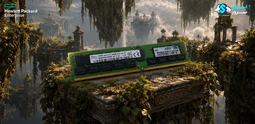 نمای گرافیکی از حافظه سروری HPE 128GB DDR5-4800 RDIMM با افکتهای دیجیتال و پسزمینه دیتاسنتری