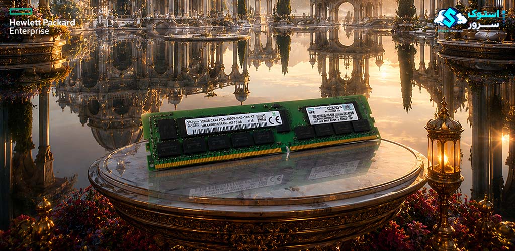 تصویر هنری از رم سرور HPE 128GB PC5-4800 RDIMM (P69982-B21) با نورپردازی تکنولوژیک و نمایش جزئیات ماژول حافظه DDR5