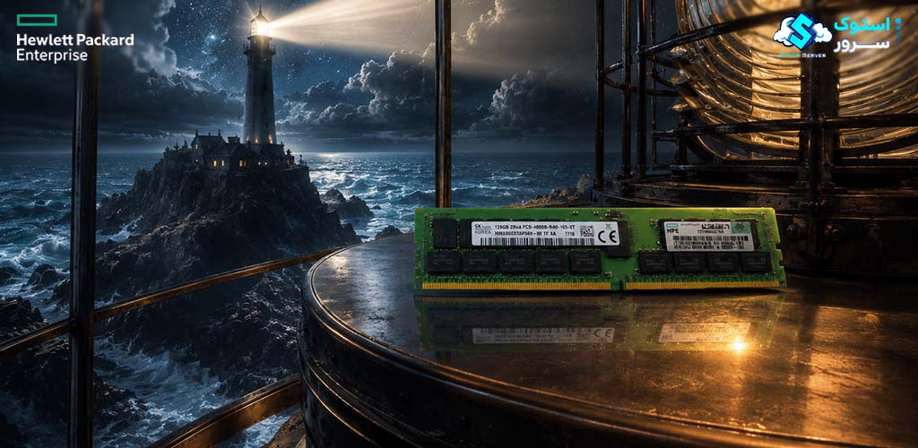 تصویر هنری از رم سرور HPE 128GB PC5-4800 RDIMM (P43334-B21) با نورپردازی تکنولوژیک و نمایش جزئیات ماژول حافظه DDR5