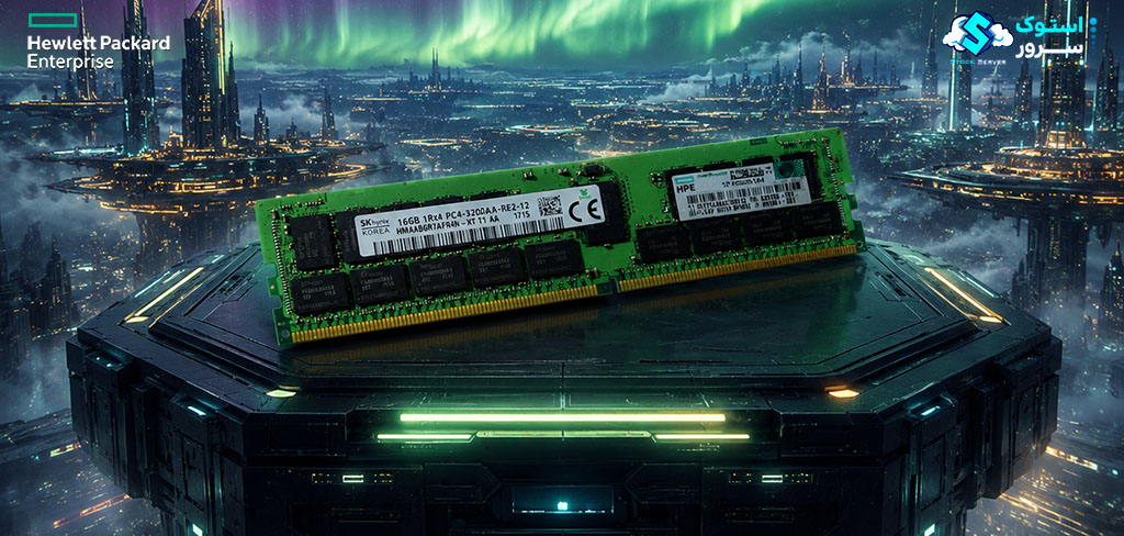 تصویر تزئینی از رم سرور HPE 16GB PC4-3200 EC8 DDR4-3200 RDIMM (P56425-B21) با طراحی مدرن و نمایش ماژول حافظه سروری