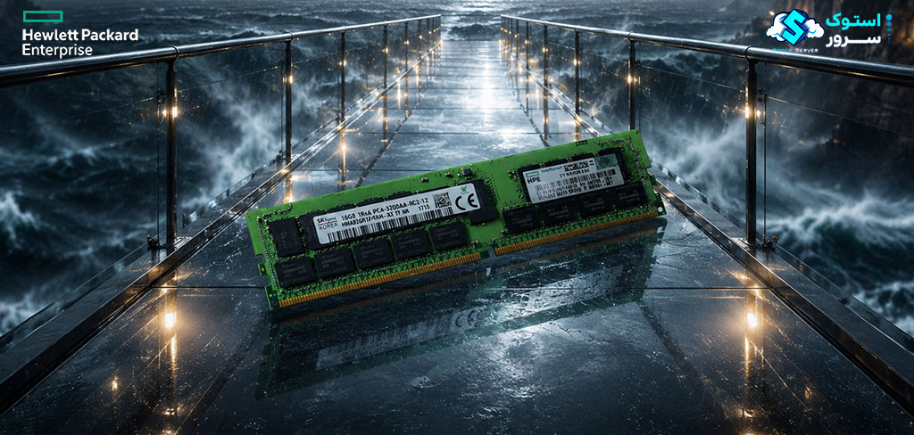 تصویر هنری از رم سرور HPE 16GB PC4-3200 RDIMM با نورپردازی دیجیتال و جزئیات فنی ماژول RAM