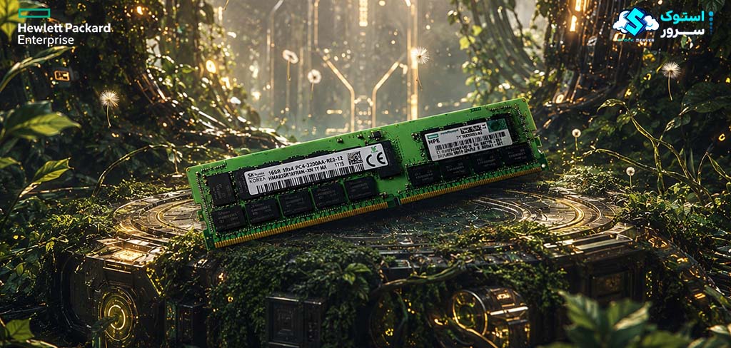 تصویر تزئینی از رم سرور HPE 16GB PC4-3200 DDR4-3200 RDIMM 2Rx8 CAS-22 با طراحی مدرن و نمایش ماژول حافظه سروری
