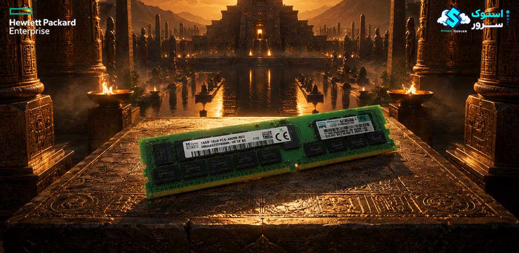 تصویر هنری از رم سرور HPE 32GB PC5-4800 UDIMM 2Rx8 CAS-40 با نورپردازی تکنولوژیک و نمایش جزئیات ماژول حافظه DDR5