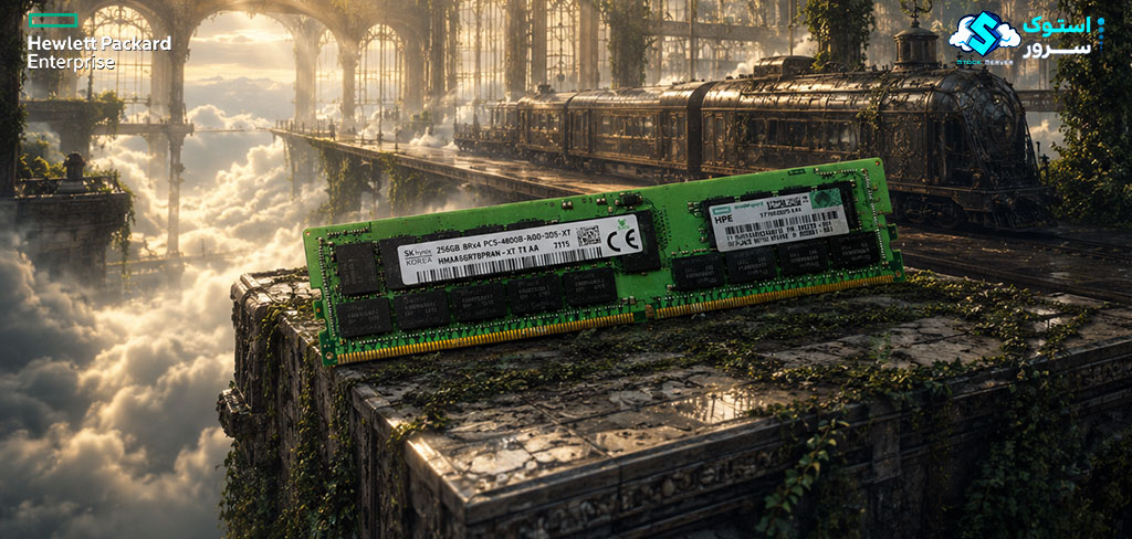 نمای گرافیکی از حافظه سروری HPE 256GB DDR5-4800 RDIMM با افکتهای تکنولوژیک و پسزمینه دیتاسنتری