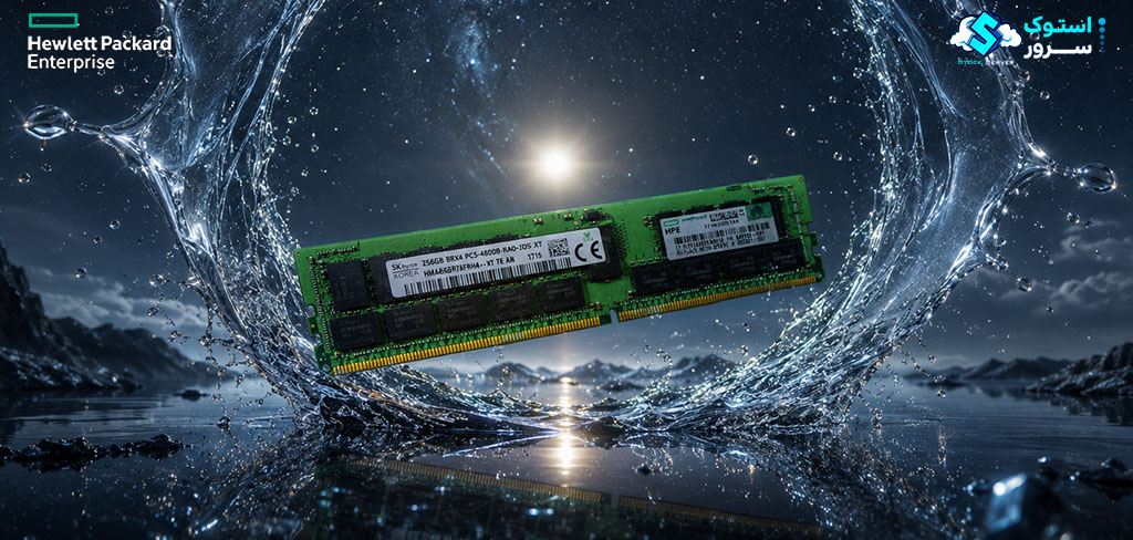 تصویر تزئینی از رم سرور HPE 256GB PC5-4800 DDR5-4800 RDIMM (P50314-B21) با طراحی مدرن و نمایش ماژول حافظه سروری نسل DDR5