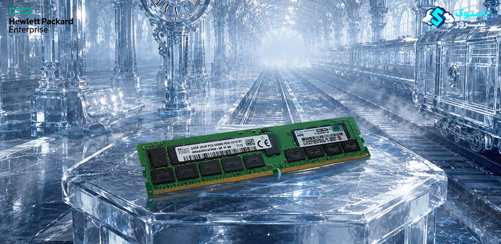 نمای گرافیکی از حافظه سروری HPE 32GB DDR5-4800 UDIMM 2Rx8 CAS-40 با افکت‌های دیجیتال و پس‌زمینه دیتاسنتر