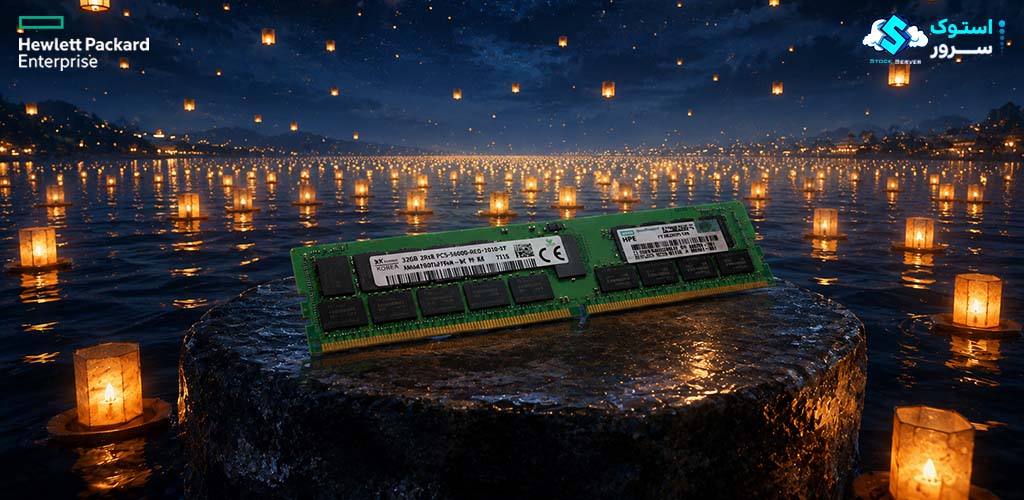 تصویر تزئینی از رم سرور HPE 32GB PC5-4800 UDIMM 2Rx8 CAS-40 با طراحی مدرن و نمایش ماژول حافظه DDR5