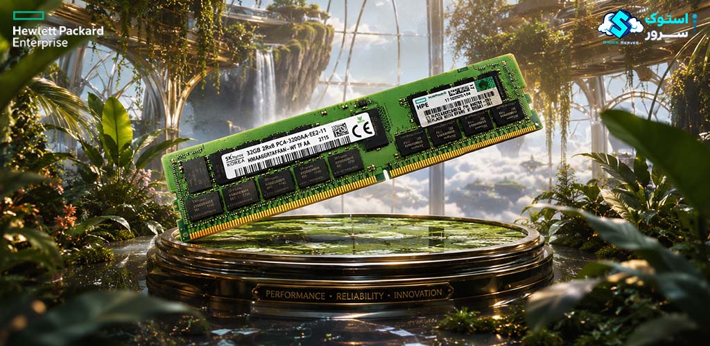 تصویر تزئینی از رم سرور HPE 32GB PC4-3200 DDR4-3200 UDIMM (P43022-B21) با طراحی مدرن و نمایش گرافیکی ماژول حافظه سروری