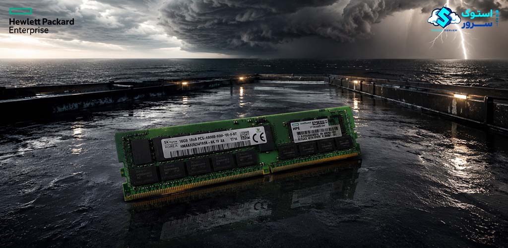 تصویر تزئینی از رم سرور HPE 64GB PC5-4800 DDR5-4800 RDIMM 2Rx4 CAS-40 با طراحی مدرن و نمایش ماژول حافظه سروری DDR5