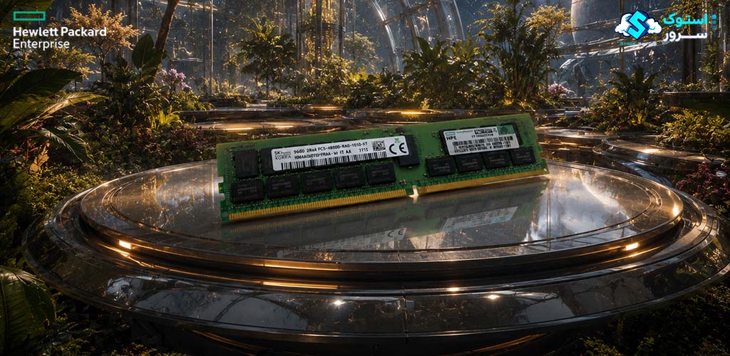 تصویر تزئینی از رم سرور HPE 96GB PC5-4800 DDR5-4800 RDIMM (P66676-B21) با طراحی مدرن و نمایش ماژول حافظه سروری DDR5