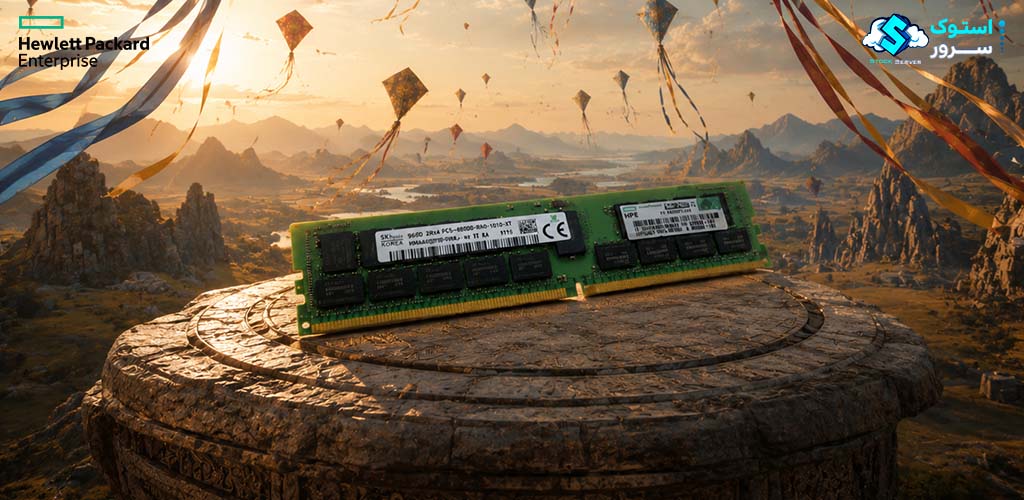 تصویر هنری از رم سرور HPE 96GB PC5-4800 RDIMM (P66676-B21) با نورپردازی تکنولوژیک و نمایش جزئیات ماژول حافظه DDR5
