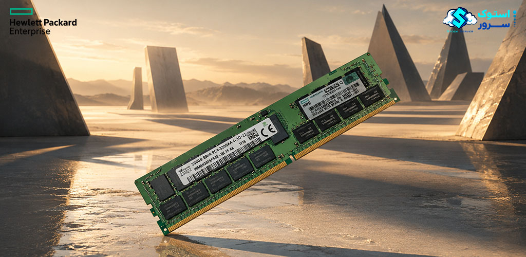 تصویر تزئینی از رم سرور HPE 256GB PC4-3200 DDR4-3200 LRDIMM CAS-26 با طراحی گرافیکی مدرن و نمایش ماژول حافظه سروری