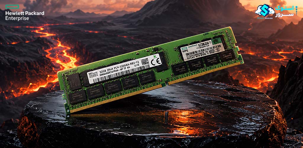 نمای گرافیکی از حافظه سروری HPE 32GB DDR4-3200 RDIMM با افکتهای تکنولوژیک و پسزمینه دیتاسنتری