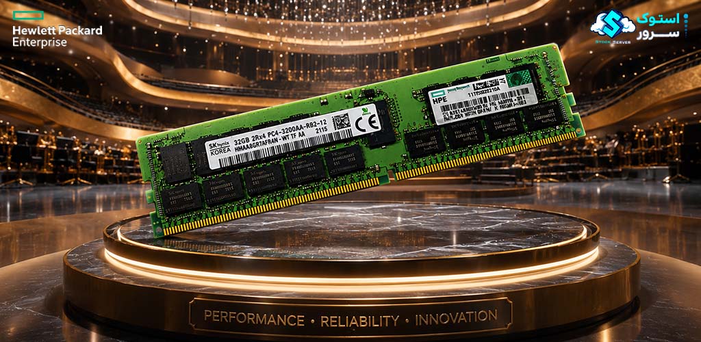 تصویر هنری از رم سرور HPE 32GB PC4-3200 RDIMM با نورپردازی دیجیتال و جزئیات ماژول RAM