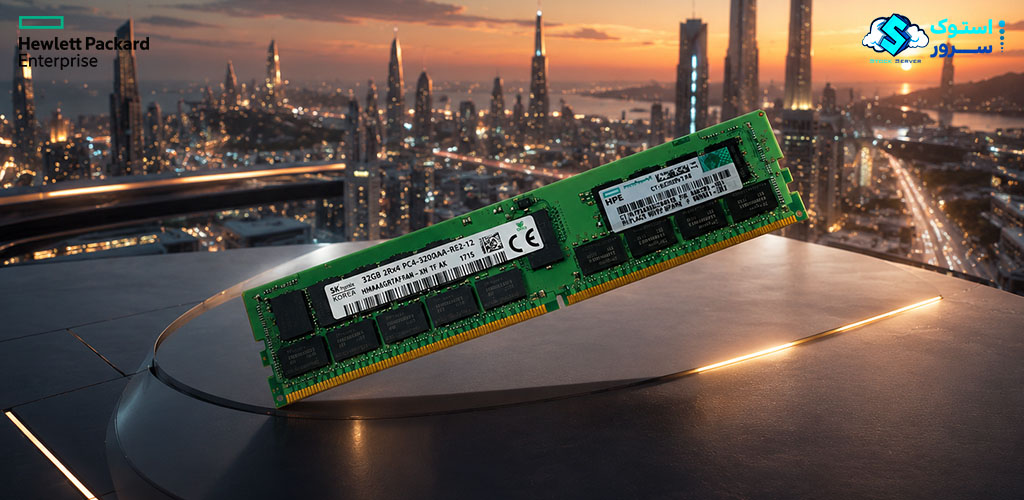 نمای گرافیکی از رم سرور HPE 32GB DDR4-3200 RDIMM 2Rx4 CAS-22 با افکتهای تکنولوژیک و پسزمینه دیتاسنتری