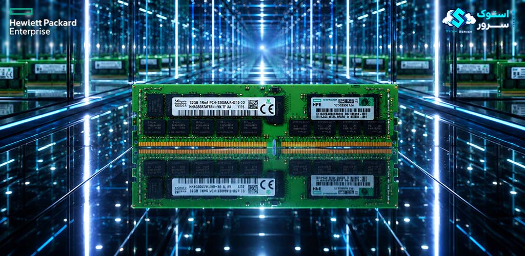تصویر تزئینی از رم سرور HPE 32GB PC4-3200 DDR4-3200 RDIMM با طراحی گرافیکی مدرن و نمایش ماژول حافظه سروری
