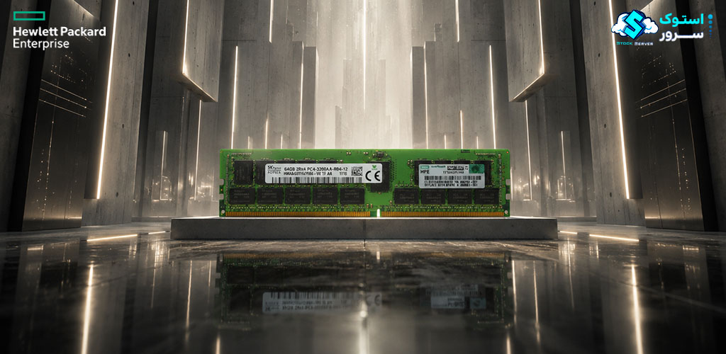 تصویر تزئینی از رم سرور HPE 64GB PC4-3200 DDR4-3200 RDIMM با طراحی مدرن و نمایش گرافیکی ماژول حافظه سروری