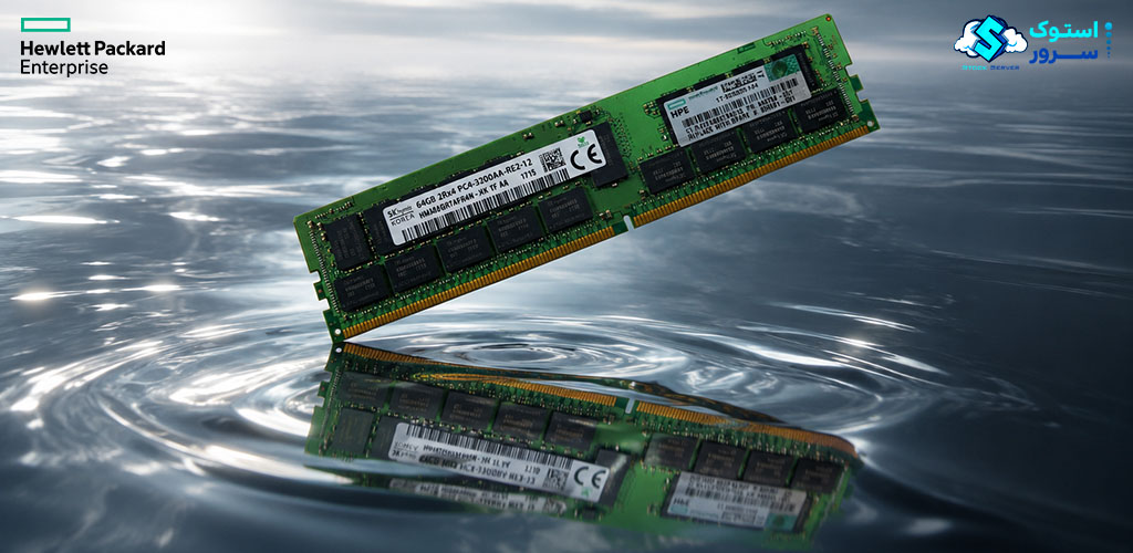 تصویر گرافیکی از حافظه سروری HPE 64GB PC4-3200 RDIMM (P56431-B21) با نورپردازی تکنولوژیک و جزئیات ماژول RAM