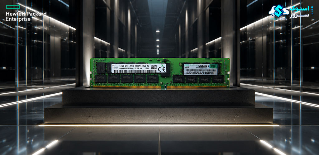 نمای هنری از رم سرور HPE 64GB DDR4-3200 RDIMM با افکت‌های دیجیتال و پس‌زمینه دیتاسنتر
