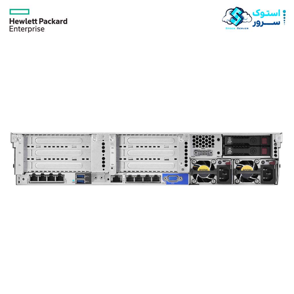 Rear view of HP ProLiant DL380 Gen9 server showing power supplies and network ports