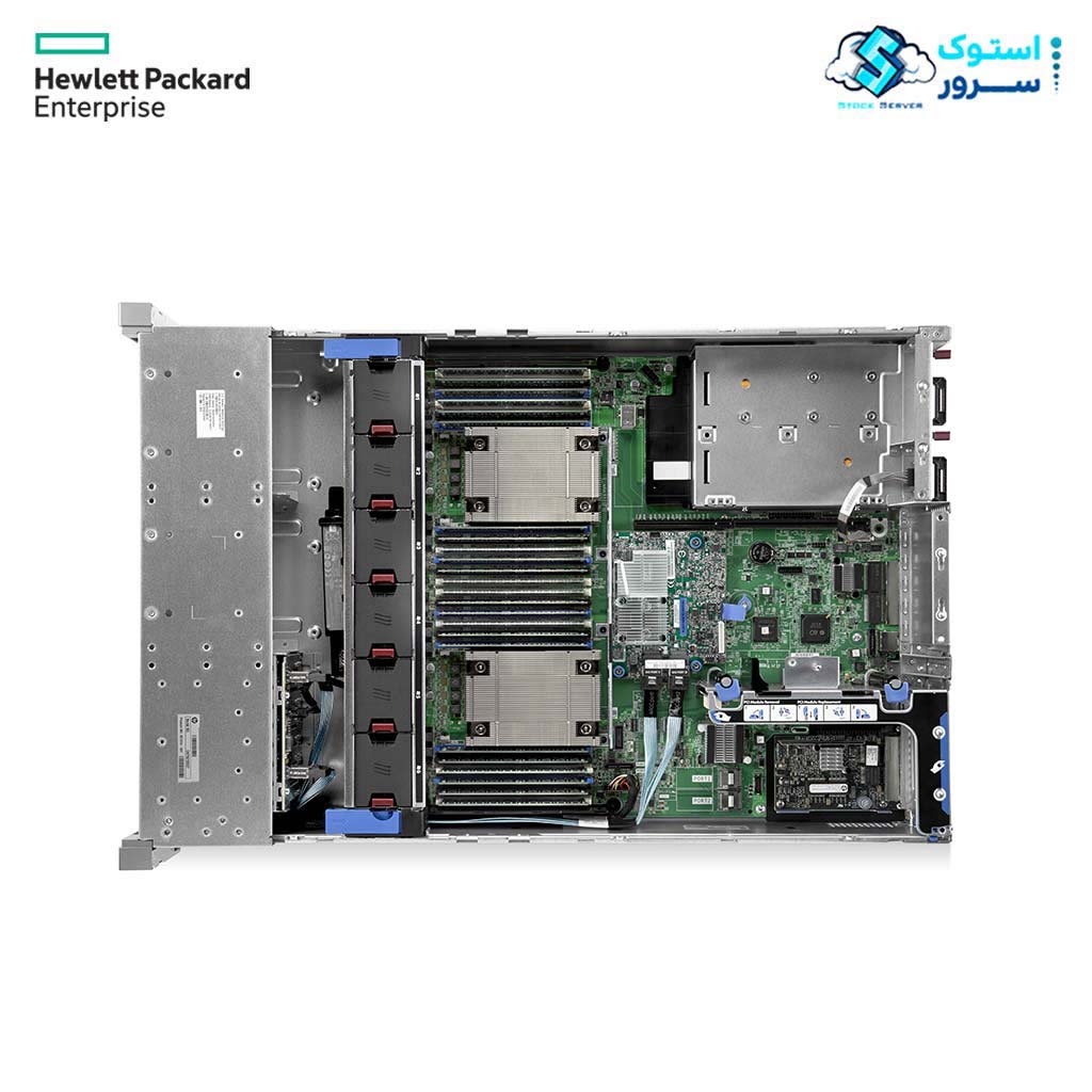 Top view of HP ProLiant DL380 Gen9 server showing internal components such as CPUs, memory, and cooling fans