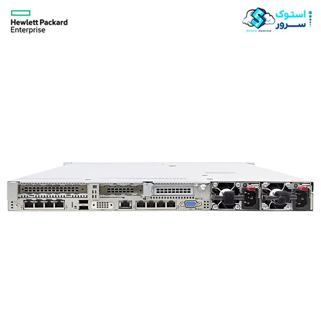 "Rear view of the HPE ProLiant DL380 Gen10 8SFF server showing power supplies, PCIe expansion slots, network ports, and cooling fans."
