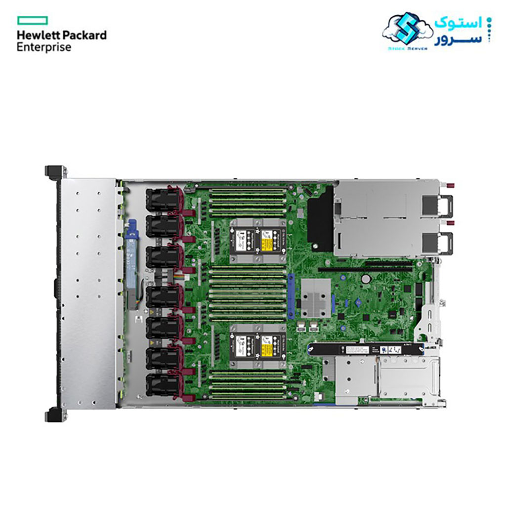 "Internal view of the HPE ProLiant DL380 Gen10 8SFF server showing CPU sockets, memory slots, cooling fans, and SFF drive backplane."