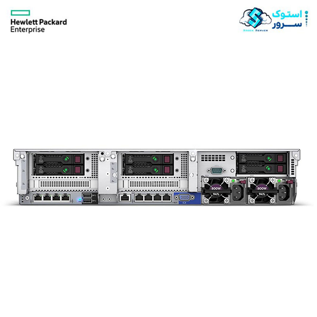 "Rear view of the HPE ProLiant DL380 Gen10 8LFF server showing power supplies, PCIe expansion slots, network ports, and cooling fans."