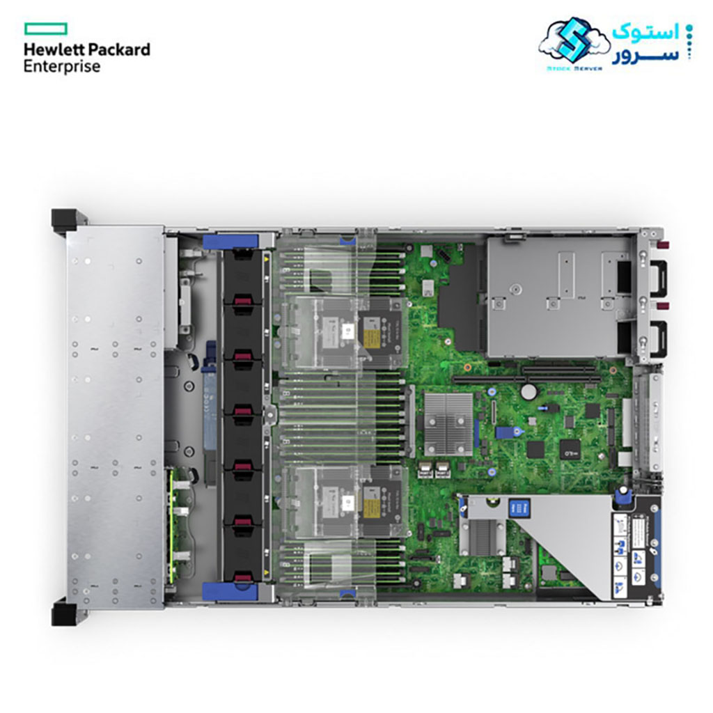 Internal view of the HPE ProLiant DL380 Gen10 8LFF server showing CPU sockets, memory slots, cooling fans, and drive backplane."