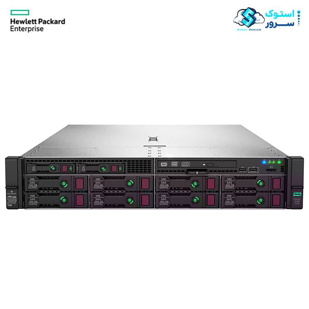 "HPE ProLiant DL380 Gen10 8LFF server without front bezel, showing exposed drive bays and internal frame."