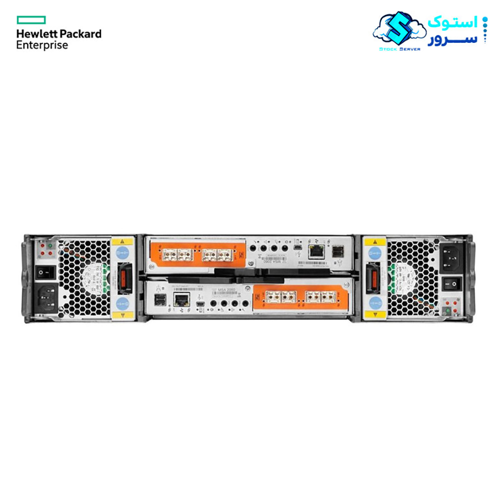 HPE MSA 2060 24SFF storage array rear view without bezel showing ports, controllers, power supplies, and cooling fans