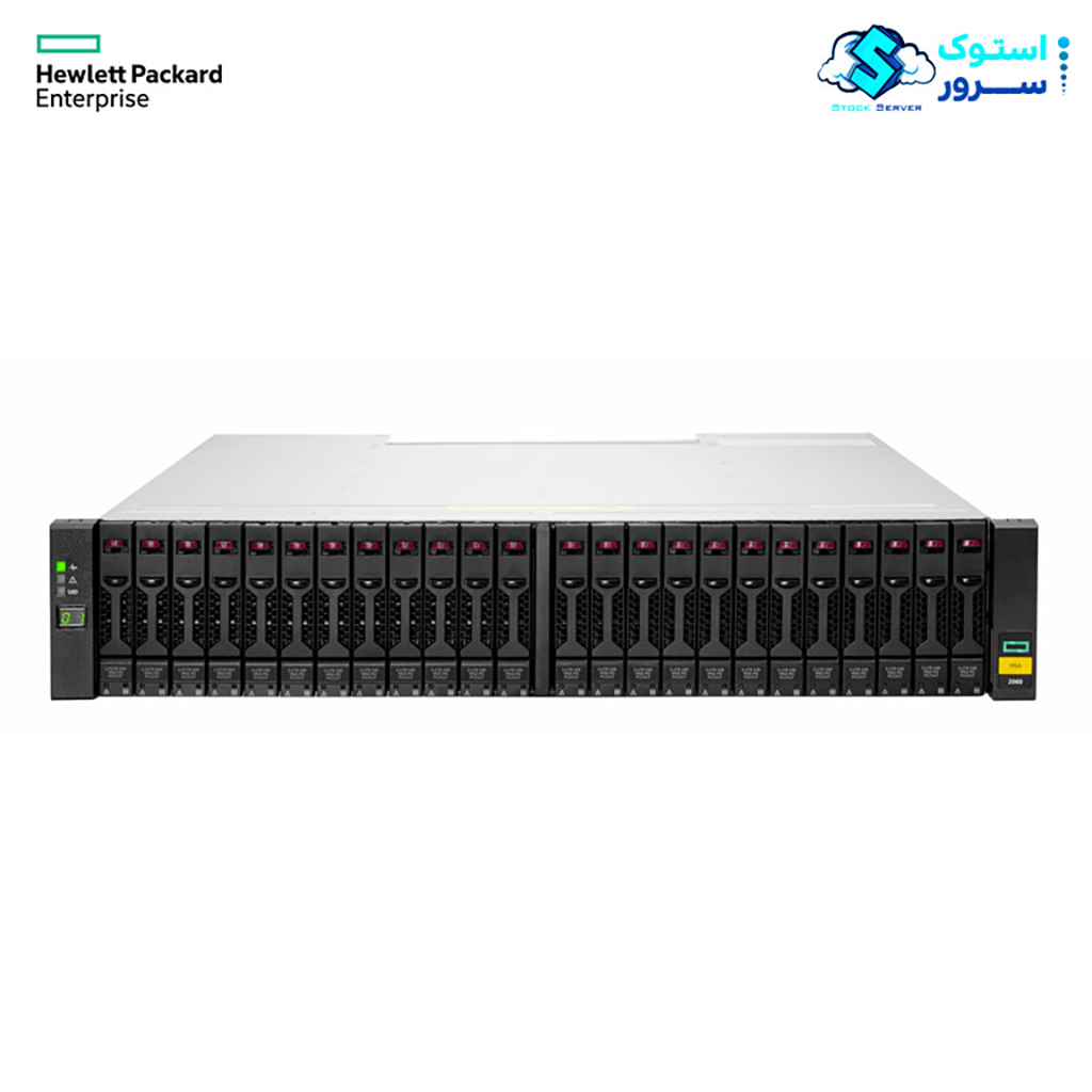 HPE MSA 2060 24SFF storage array diagram without bezel showing front and rear components and ports