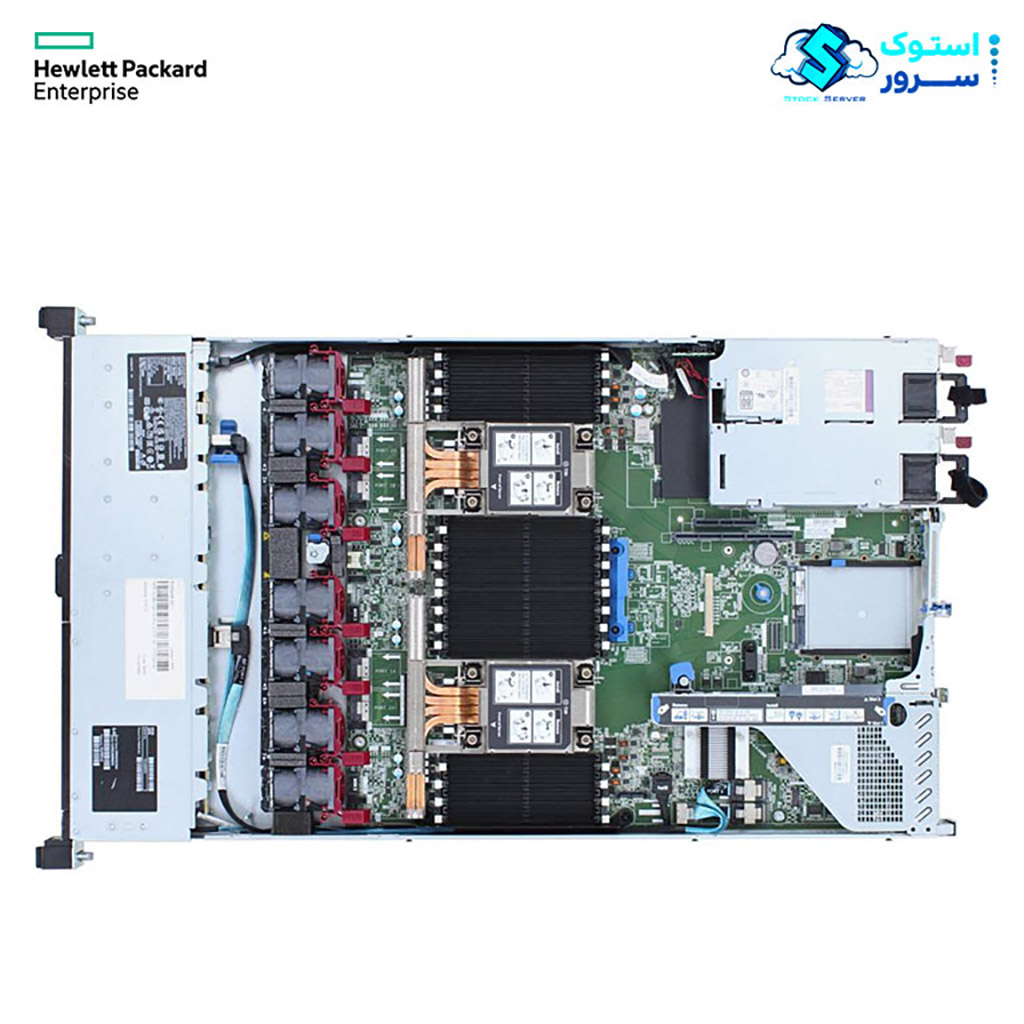 Internal view of an HPE DL360 Gen10 Plus 4LFF server showing motherboard, CPU sockets, memory slots, cooling fans, heatsinks, and internal layout.