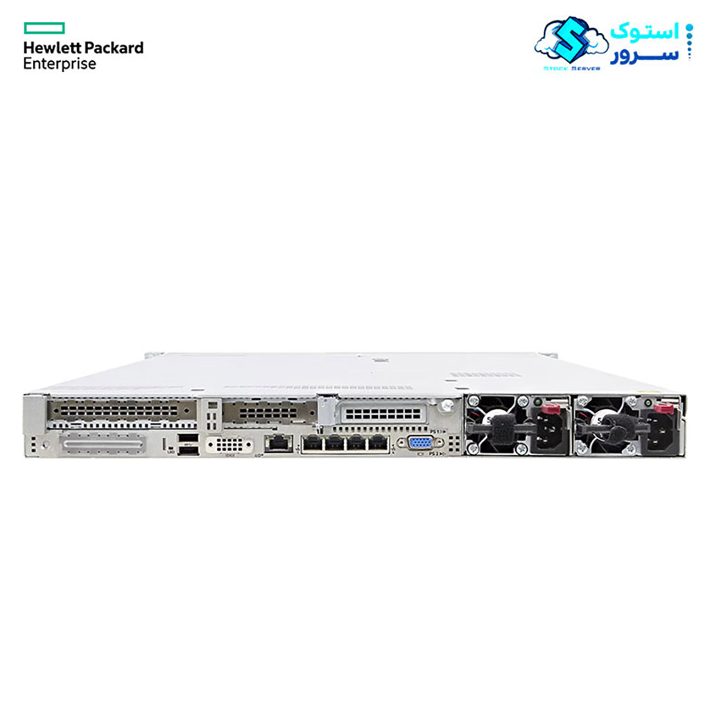Rear view of an HPE DL360 Gen10 Plus 4LFF server showing redundant power supplies, network ports, PCIe expansion slots, and management interfaces.